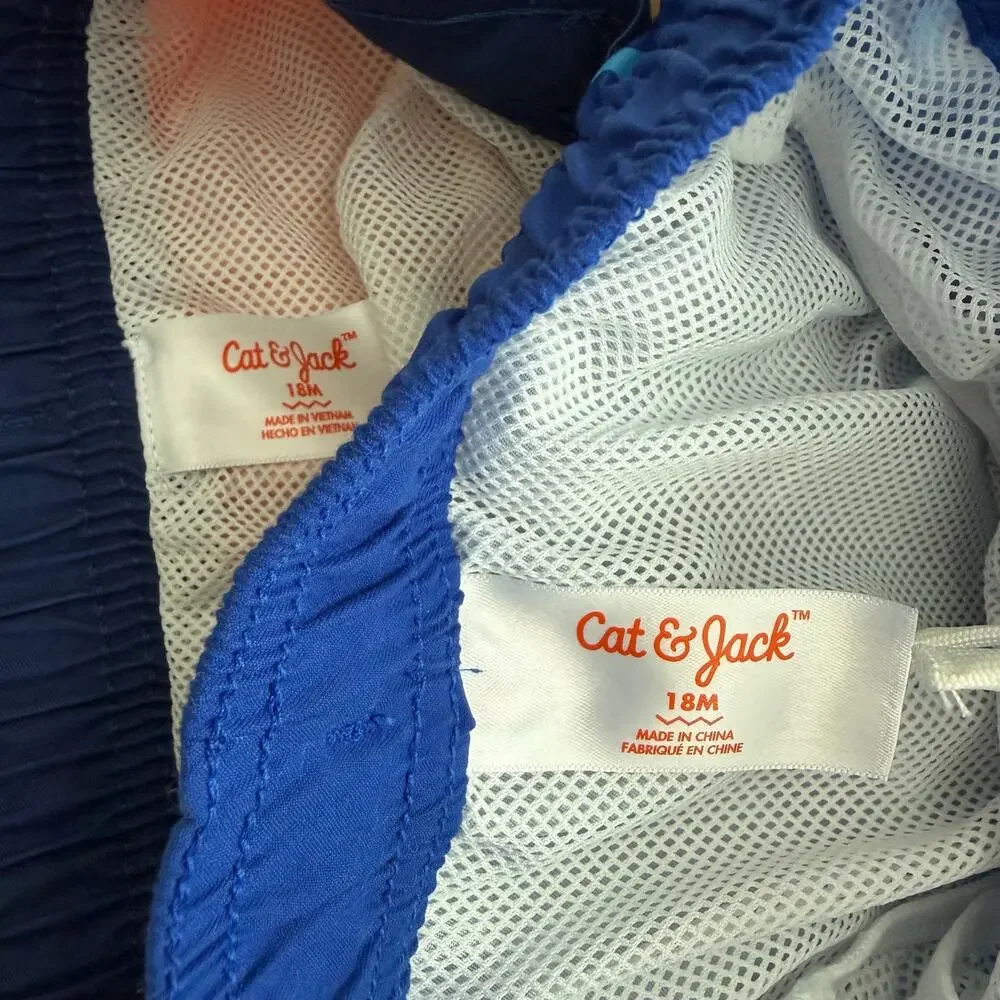 2x Cat & Jack swim trunks board shorts with liner blue wave orange sunset print